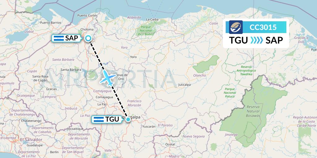 CC3015 CM Airlines Flight Map: Tegucigalpa to San Pedro Sula