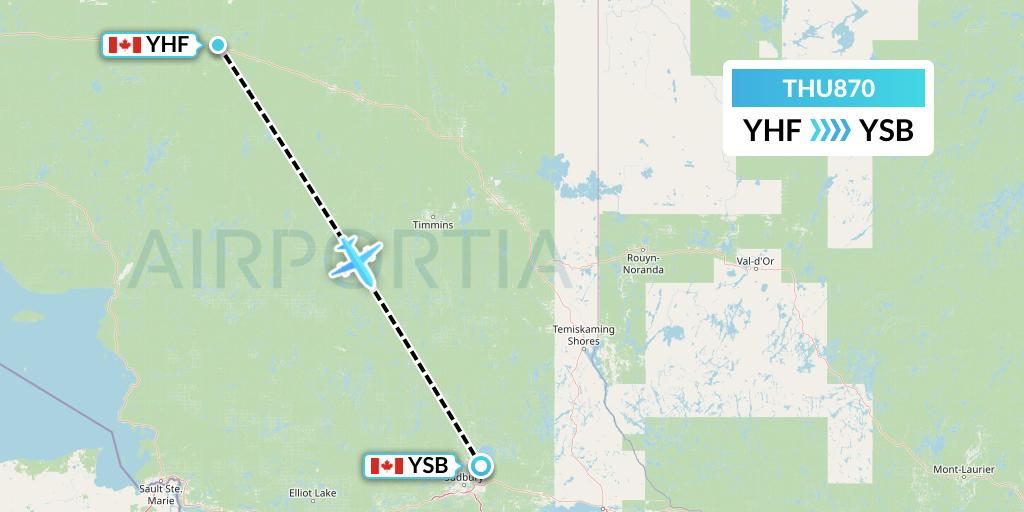 THU870 Thunder Airlines Flight Map: Hearst to Sudbury