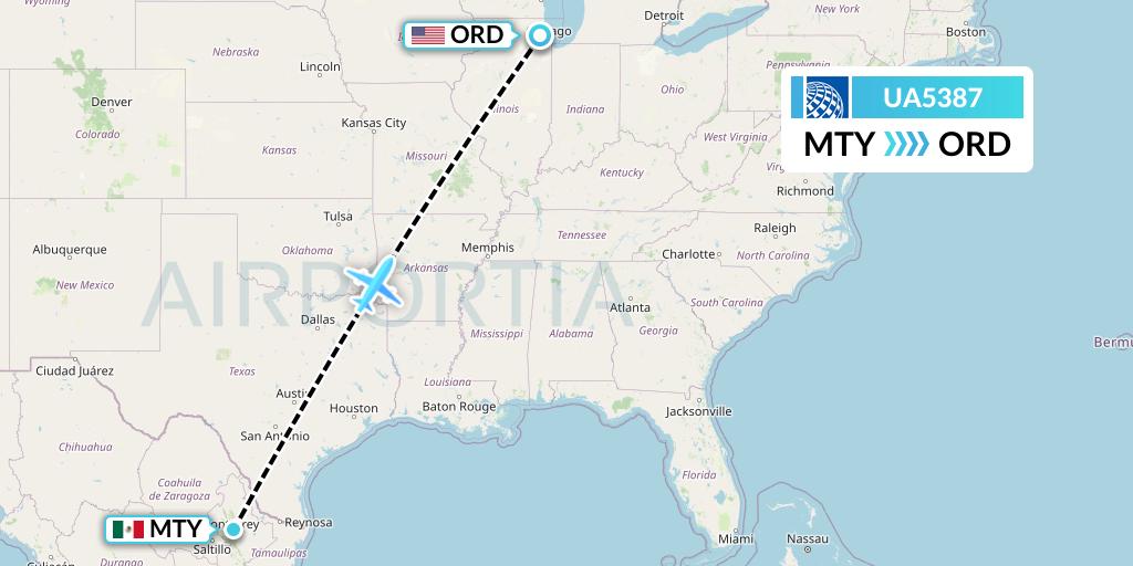 UA5387 United Airlines Flight Map: Monterrey to Chicago