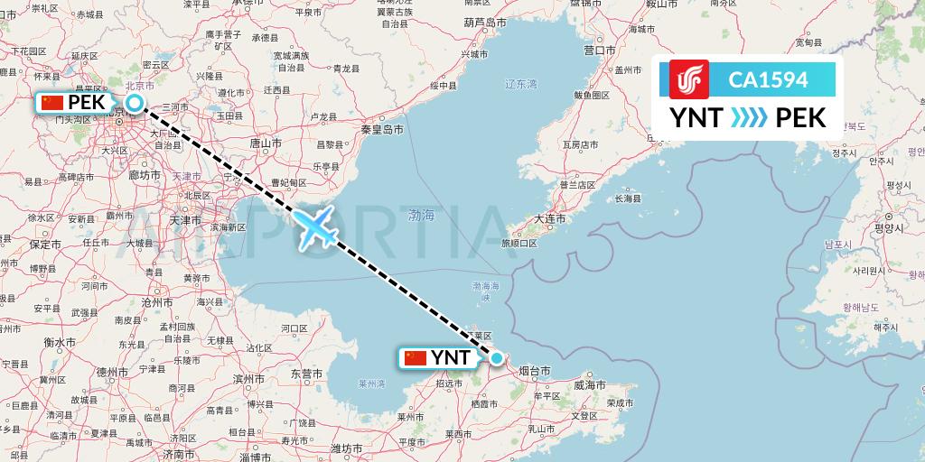 CA1594 Air China Flight Map: Yantai to Beijing