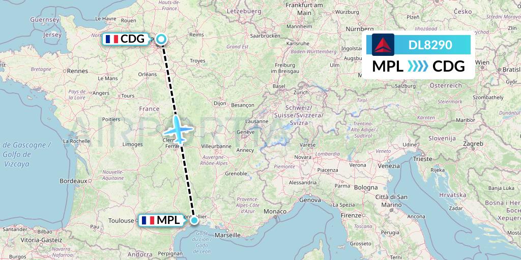 DL8290 Delta Air Lines Flight Map: Montpellier to Paris