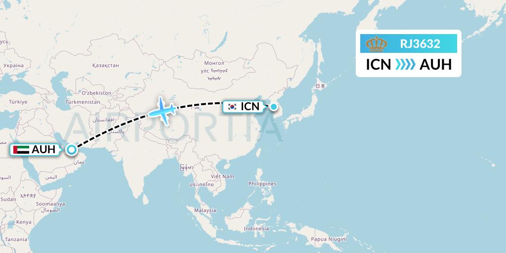 RJ3632 Royal Jordanian Flight Map: Seoul to Abu Dhabi