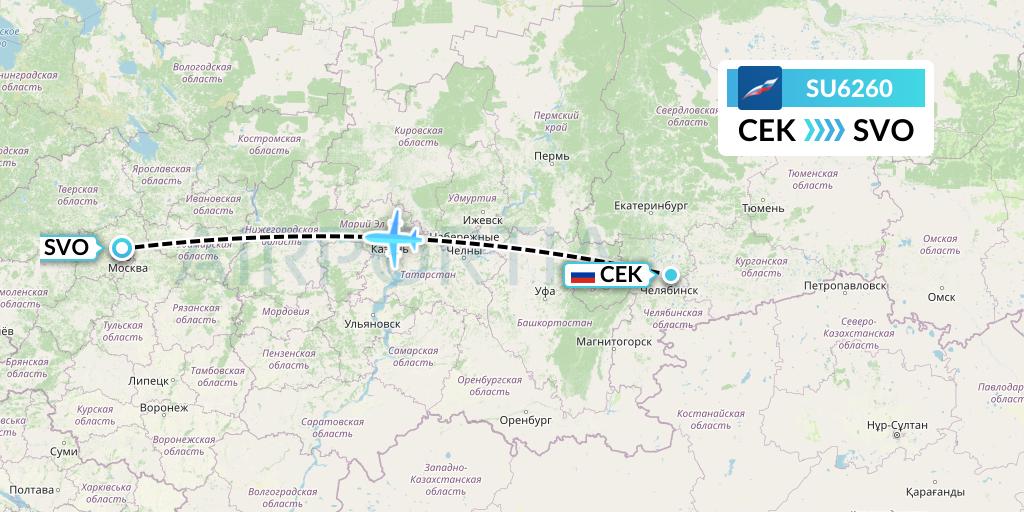 SU6260 Aeroflot Flight Map: Chelyabinsk to Moscow