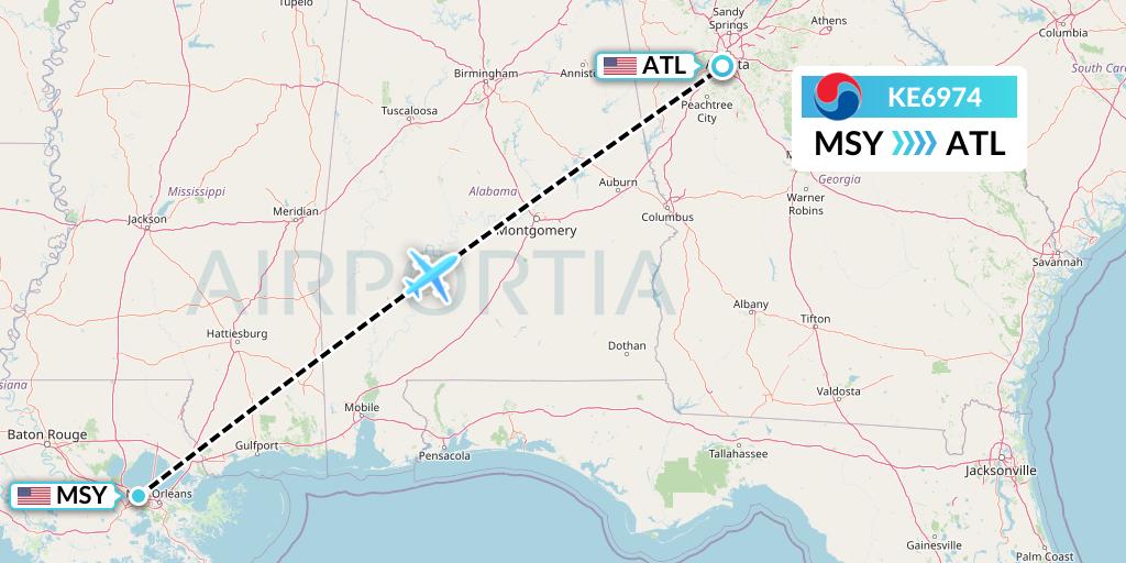 KE6974 Korean Air Flight Map: New Orleans to Atlanta