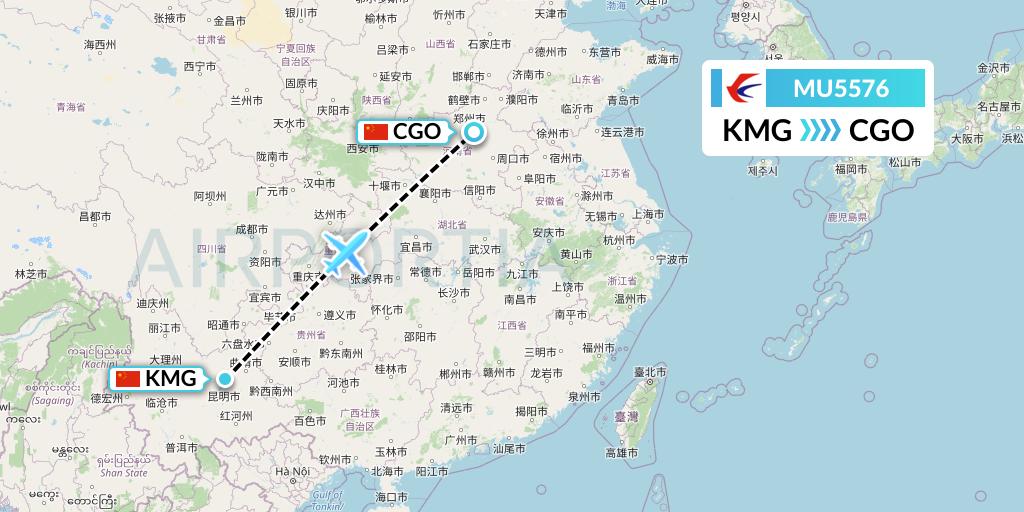 MU5576 China Eastern Airlines Flight Map: Kunming to Zhengzhou