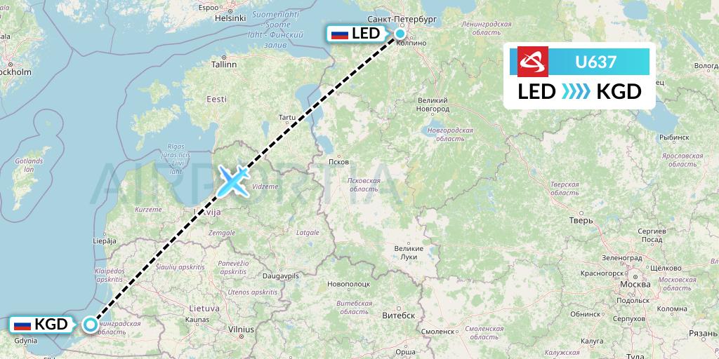 U637 Ural Airlines Flight Map: St. Petersburg to Kaliningrad
