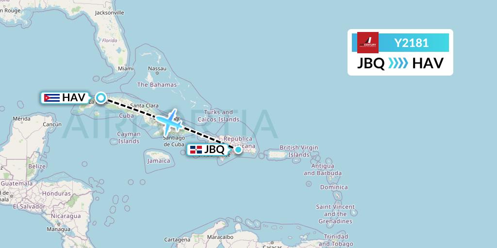 Y2181 Air Century Flight Map: Santo Domingo to Havana
