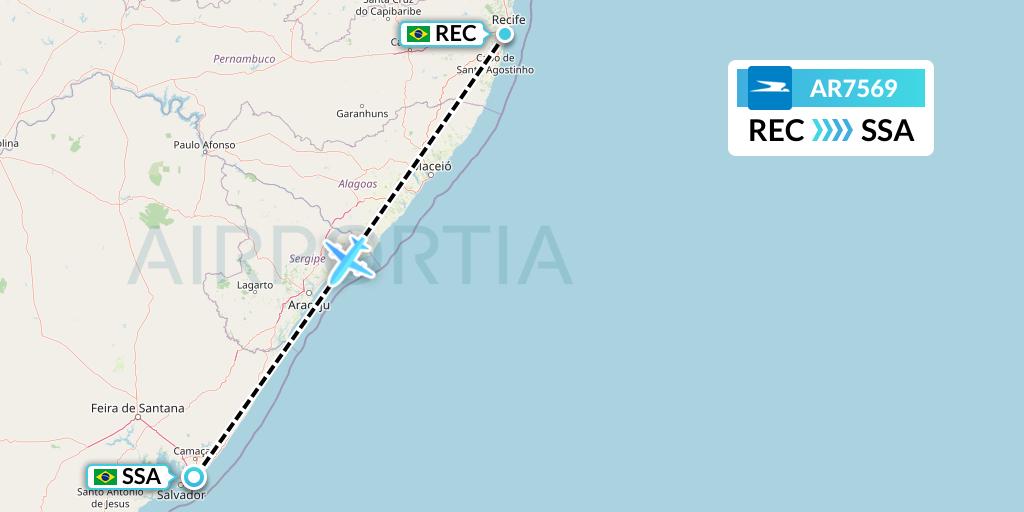 AR7569 Aerolineas Argentinas Flight Map: Recife to Salvador