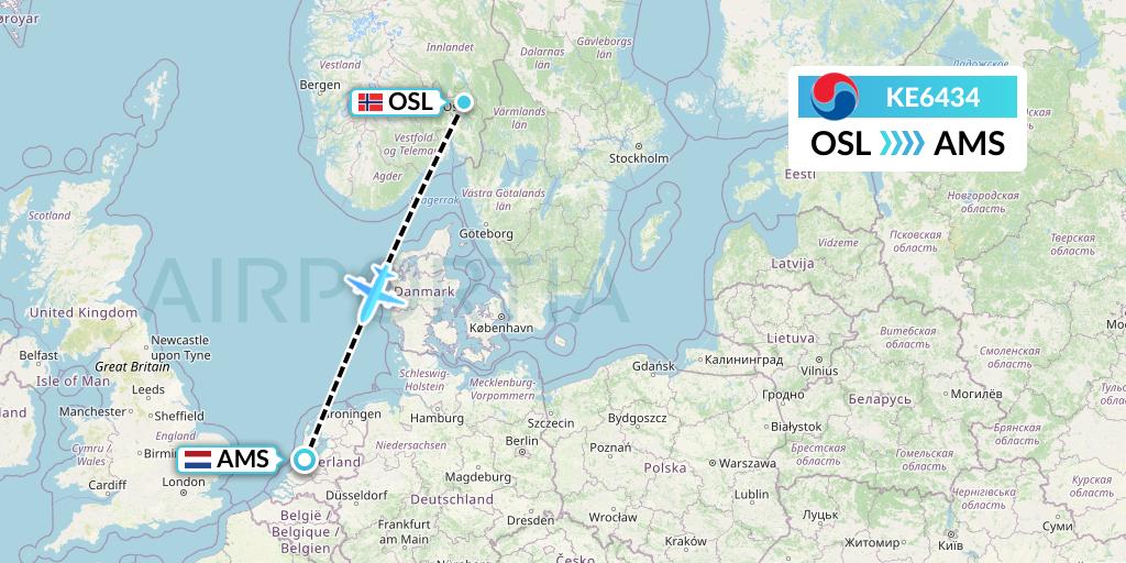 KE6434 Korean Air Flight Map: Oslo to Amsterdam