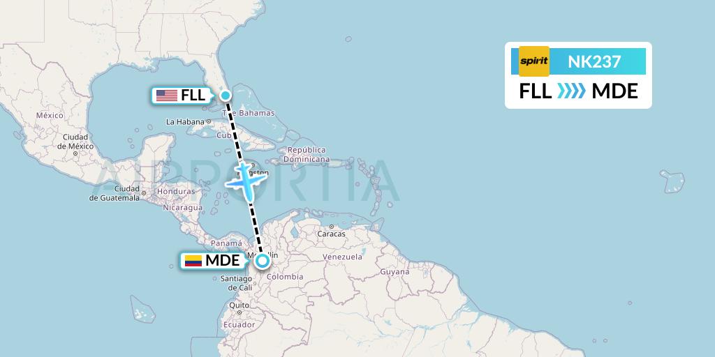 NK237 Spirit Airlines Flight Map: Fort Lauderdale to Medellin