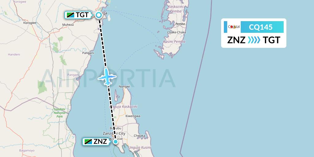 CQ145 Coastal Aviation Flight Map: Zanzibar to Tanga