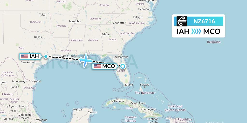 NZ6716 Air New Zealand Flight Map: Houston to Orlando