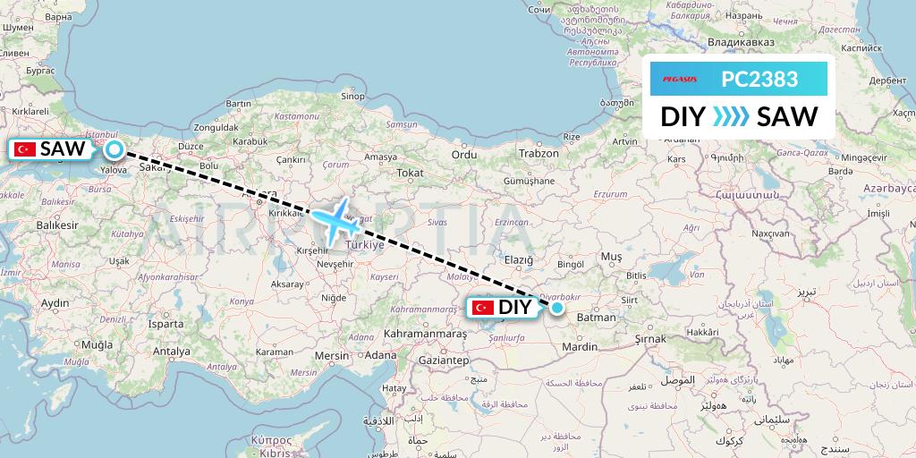 PC2383 Pegasus Airlines Flight Map: Diyarbakir to Istanbul