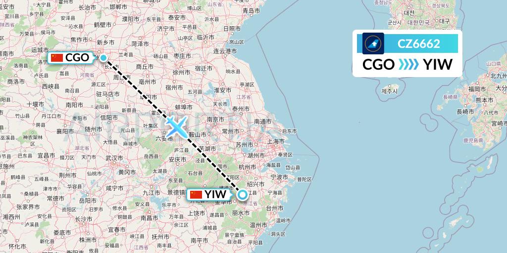 CZ6662 China Southern Airlines Flight Map: Zhengzhou to Yiwu