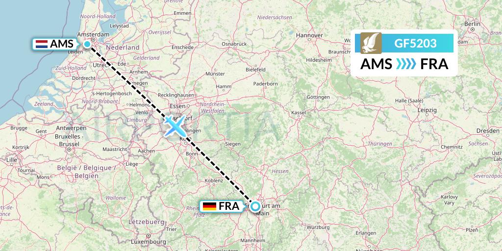 GF5203 Gulf Air Flight Map: Amsterdam to Frankfurt