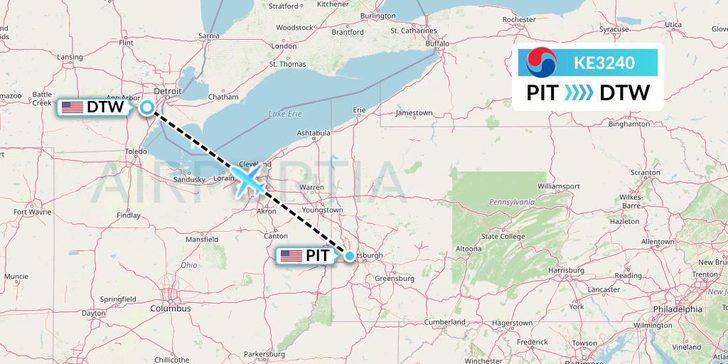 KE3240 Korean Air Flight Map: Pittsburgh to Detroit