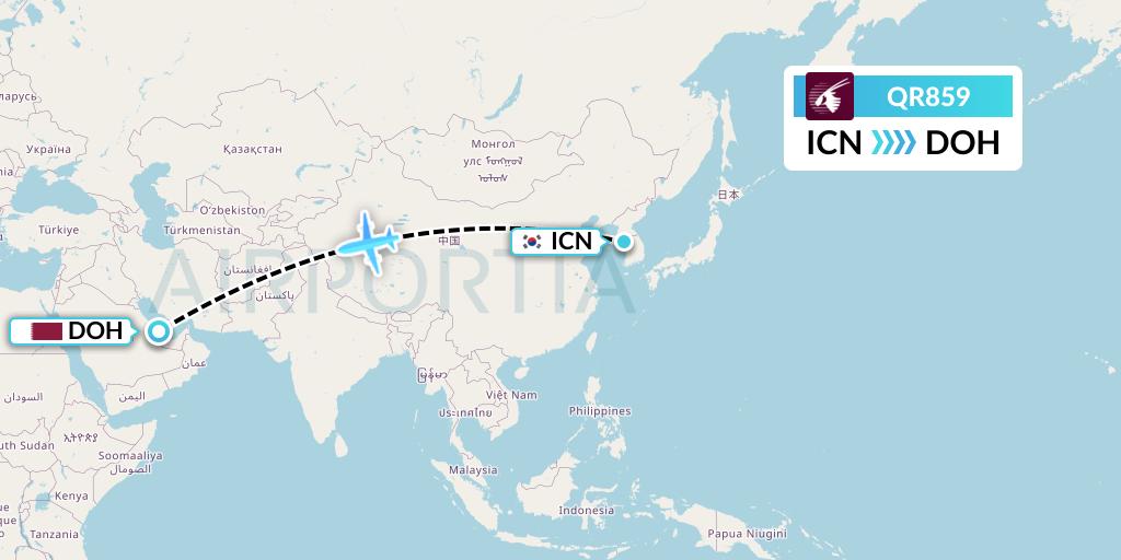 QR859 Qatar Airways Flight Map: Seoul to Doha