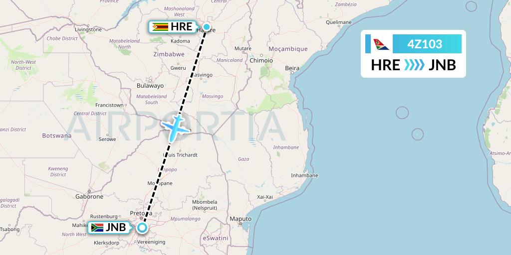 4Z103 Airlink Flight Map: Harare to Johannesburg