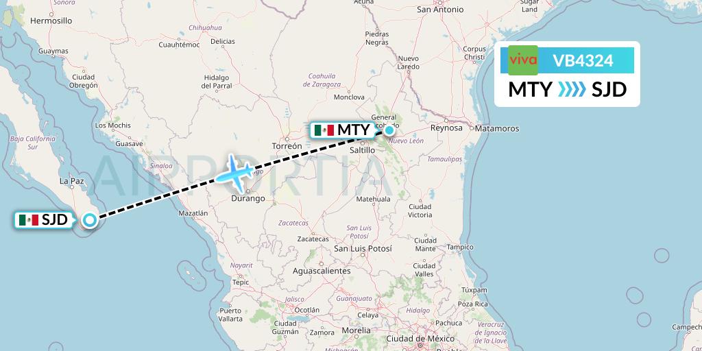 VB4324 VivaAerobus Flight Map: Monterrey to San Jose del Cabo