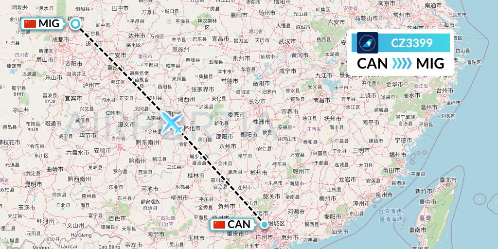 CZ3399 China Southern Airlines Flight Map: Guangzhou to Mianyang