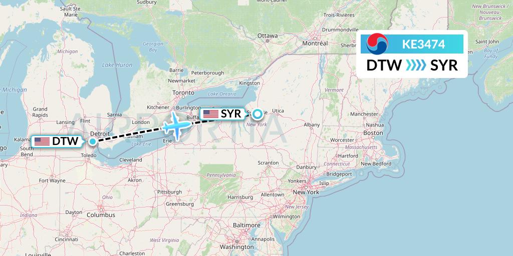 KE3474 Korean Air Flight Map: Detroit to Syracuse