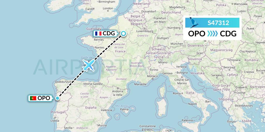 S47312 Azores Airlines Flight Map: Porto to Paris