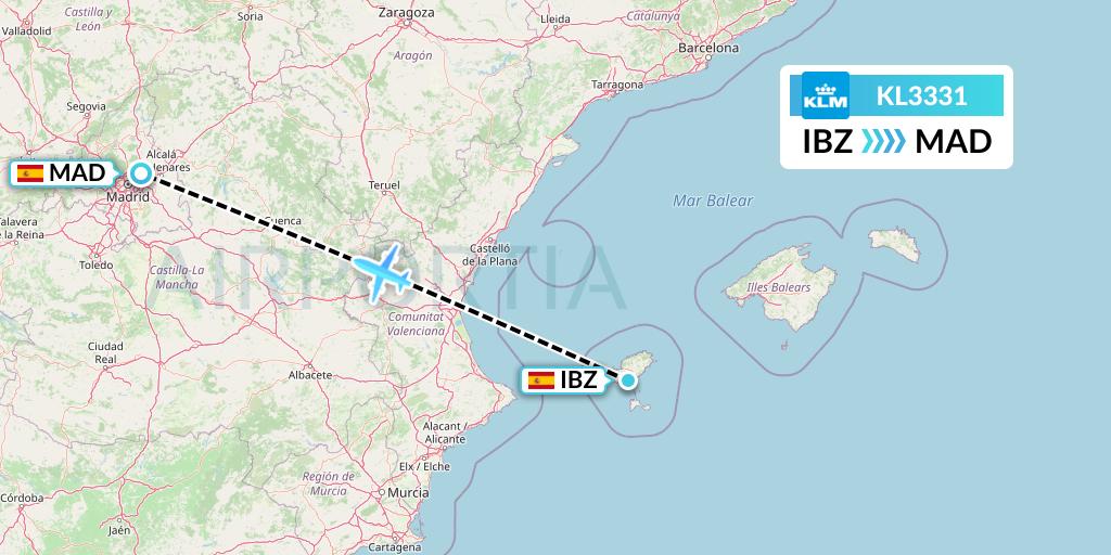 KL3331 KLM Flight Map: Ibiza to Madrid
