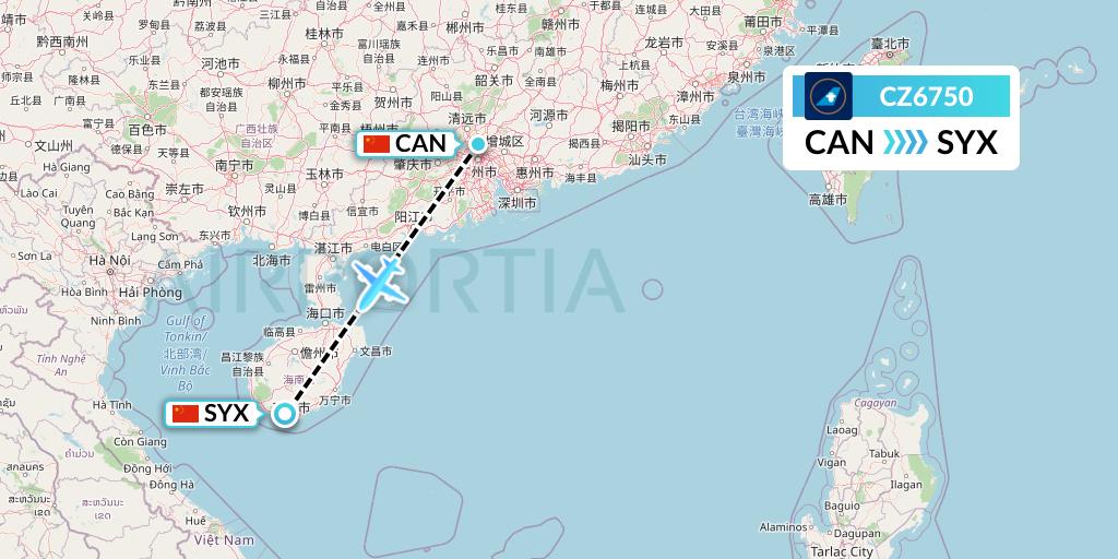 CZ6750 China Southern Airlines Flight Map: Guangzhou to Sanya