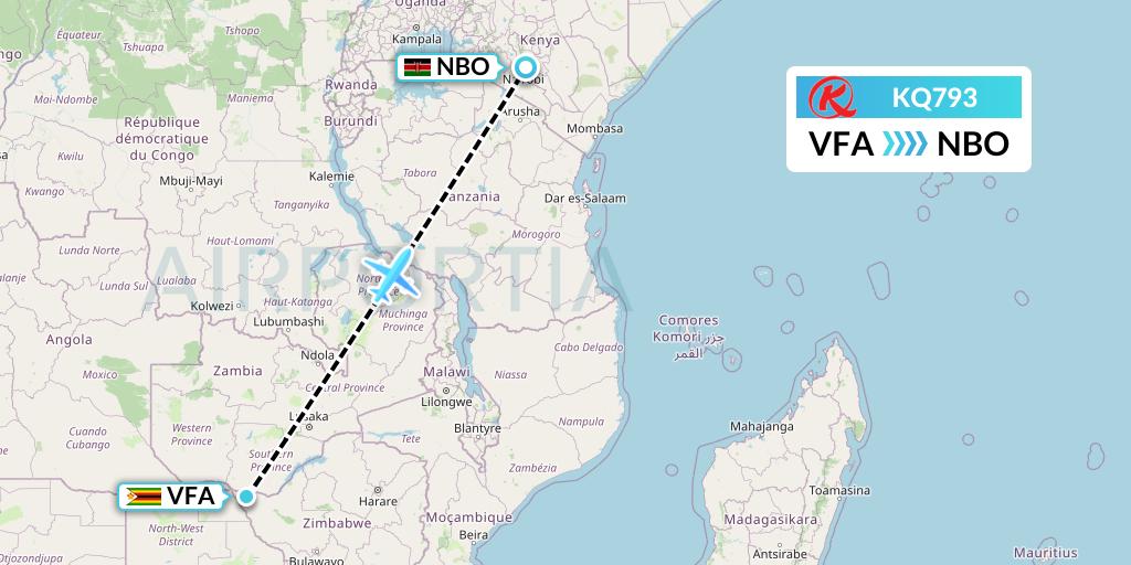 KQ793 Kenya Airways Flight Map: Victoria Falls to Nairobi