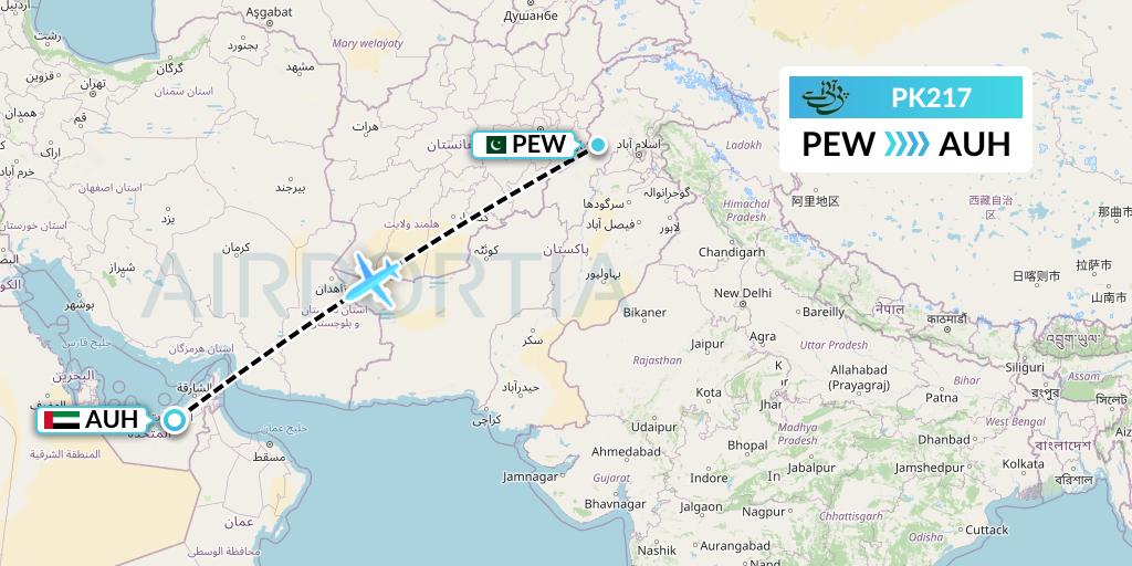 PK217 Pakistan International Airlines Flight Map: Peshawar to Abu Dhabi