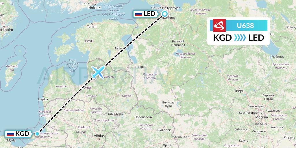U638 Ural Airlines Flight Map: Kaliningrad to St. Petersburg
