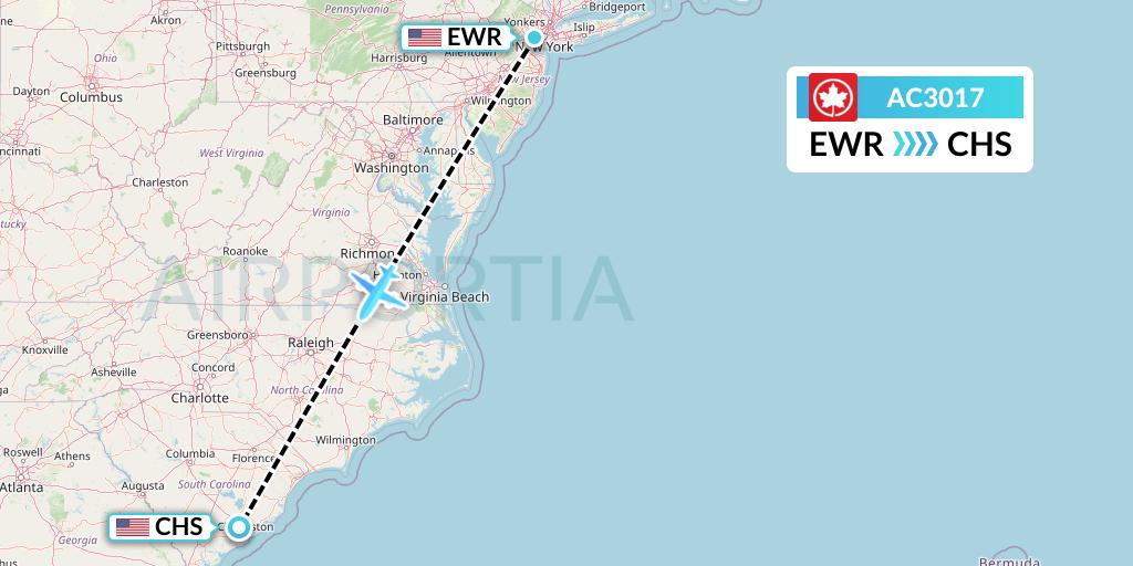 AC3017 Air Canada Flight Map: New York to Charleston