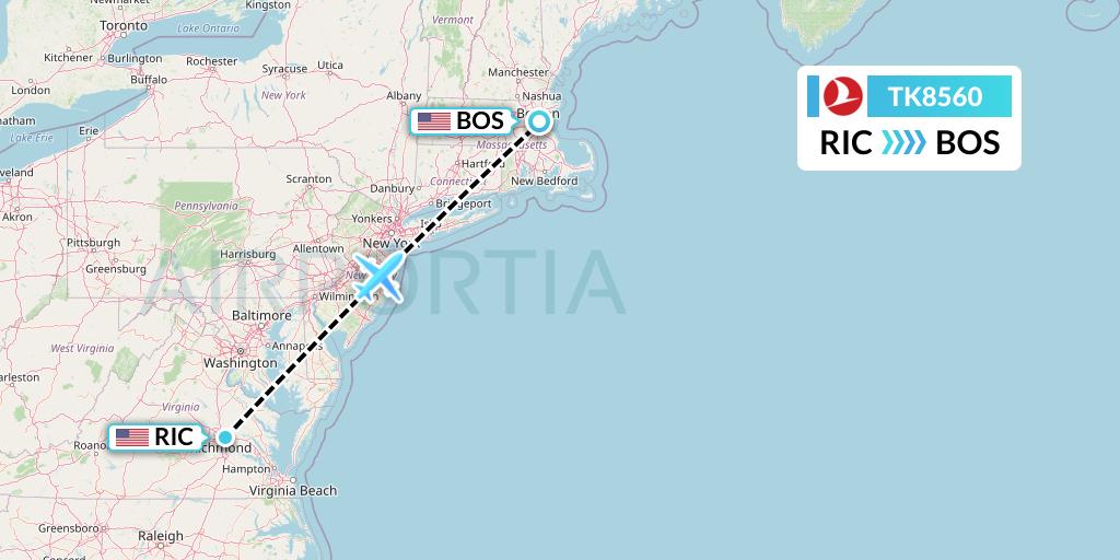 TK8560 Turkish Airlines Flight Map: Richmond to Boston