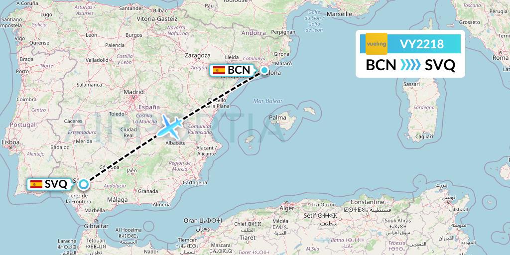 VY2218 Vueling Flight Map: Barcelona to Seville