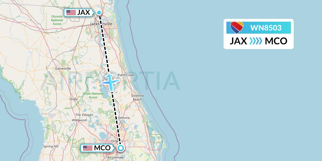 WN8503 Southwest Airlines Flight Map: Jacksonville to Orlando