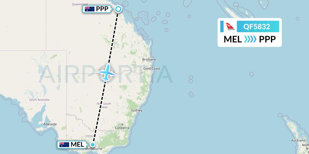 QF5832 Qantas Flight Map: Melbourne to Proserpine