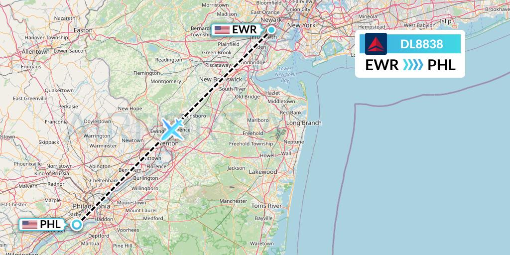 DL8838 Delta Air Lines Flight Map: New York to Philadelphia