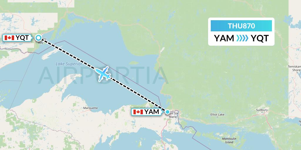 THU870 Thunder Airlines Flight Map: Sault Ste. Marie to Thunder Bay
