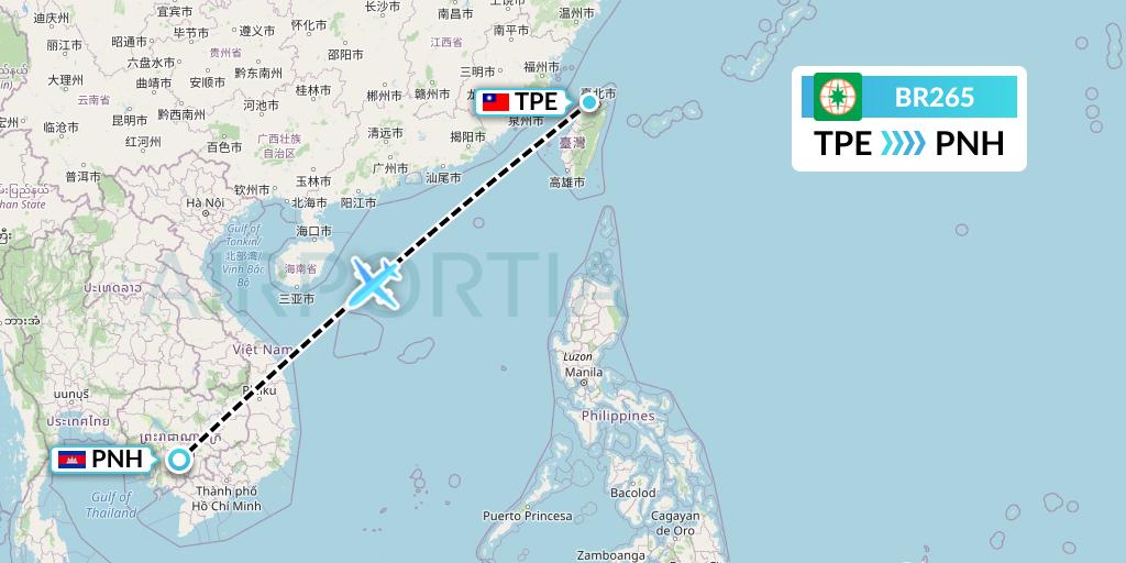 BR265 EVA Air Flight Map: Taipei to Phnom Penh