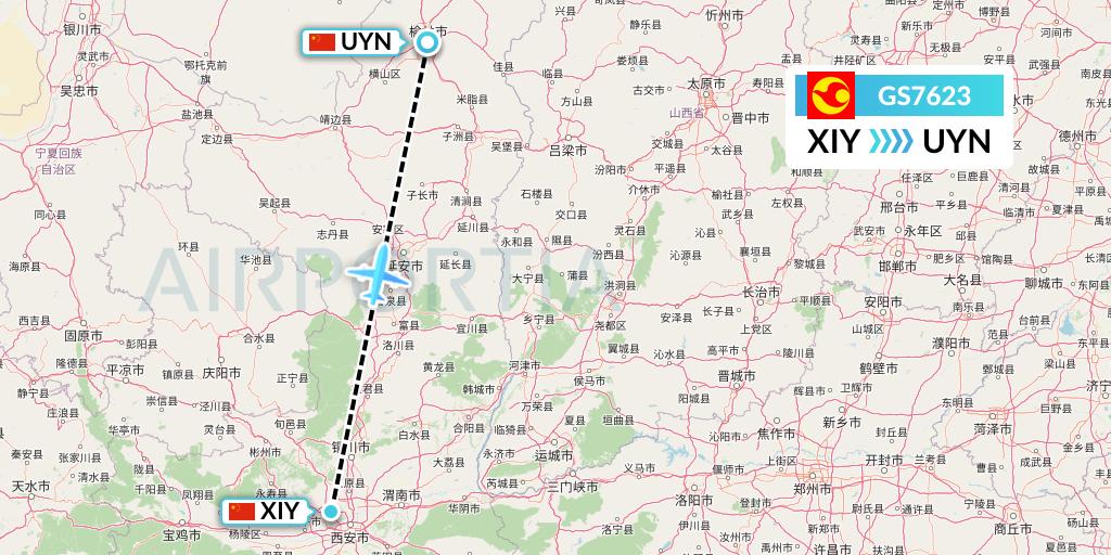 GS7623 Tianjin Airlines Flight Map: Xi'an to Yulin
