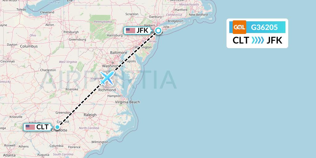 G36205 GOL Transportes Aeros Flight Map: Charlotte to New York