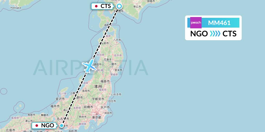 MM461 Peach Aviation Flight Map: Nagoya to Sapporo