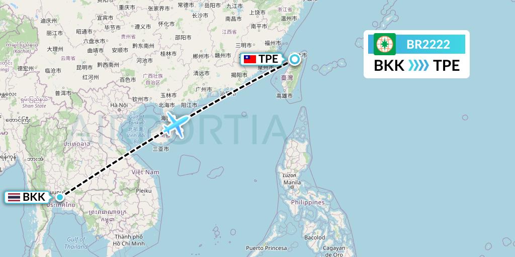 BR2222 EVA Air Flight Map: Bangkok to Taipei