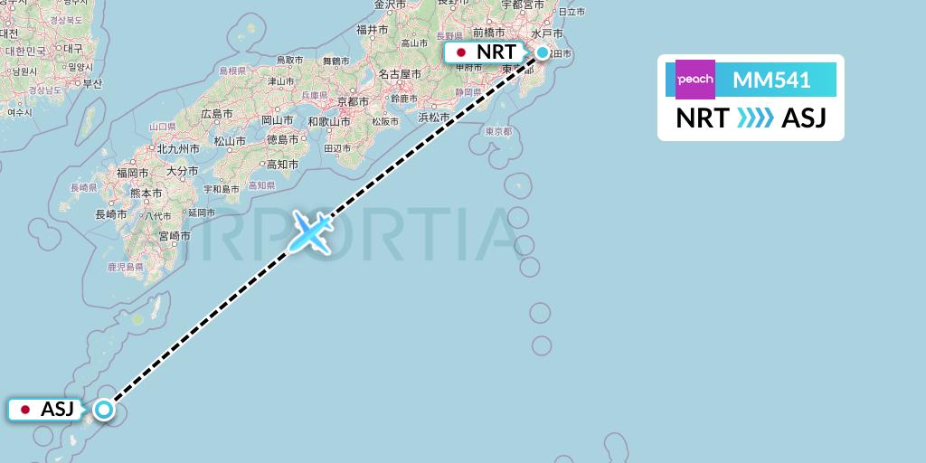 MM541 Peach Aviation Flight Map: Tokyo to Amami