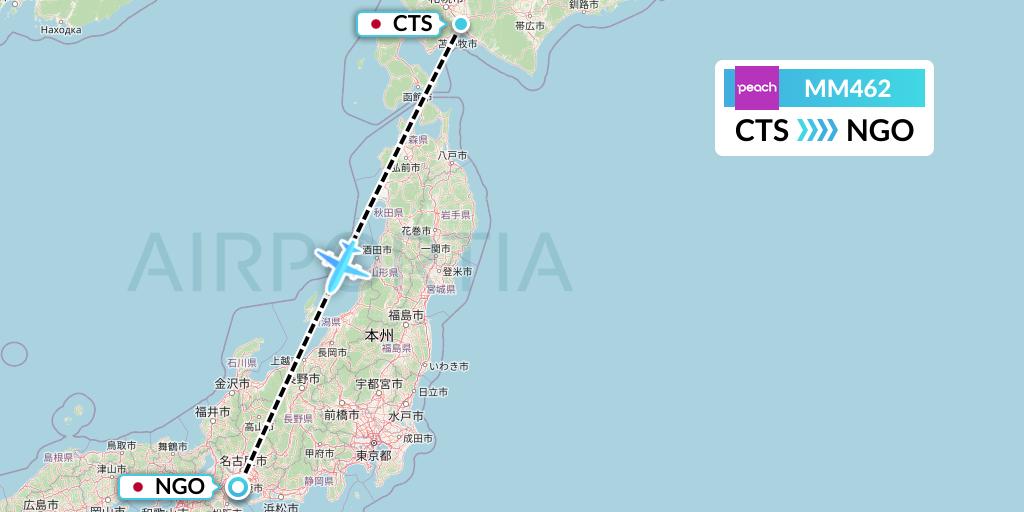 MM462 Peach Aviation Flight Map: Sapporo to Nagoya