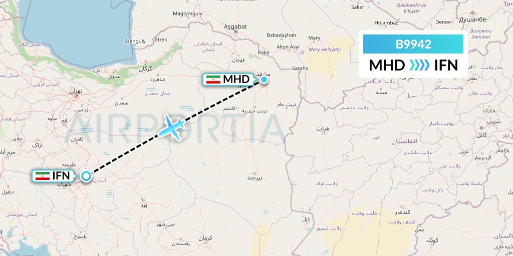 B9942 Iran Air Tours Flight Map: Mashhad to Isfahan