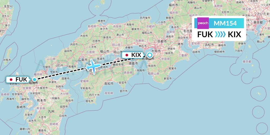 MM154 Peach Aviation Flight Map: Fukuoka to Osaka