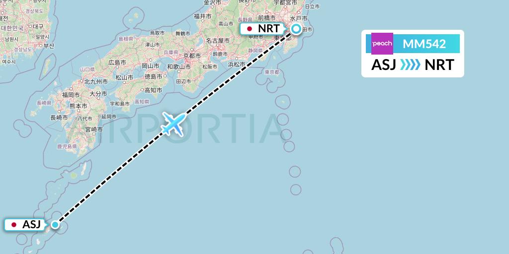 MM542 Peach Aviation Flight Map: Amami to Tokyo