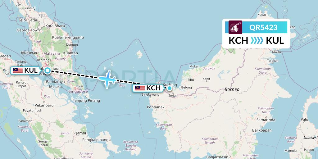 QR5423 Qatar Airways Flight Map: Kuching to Kuala Lumpur