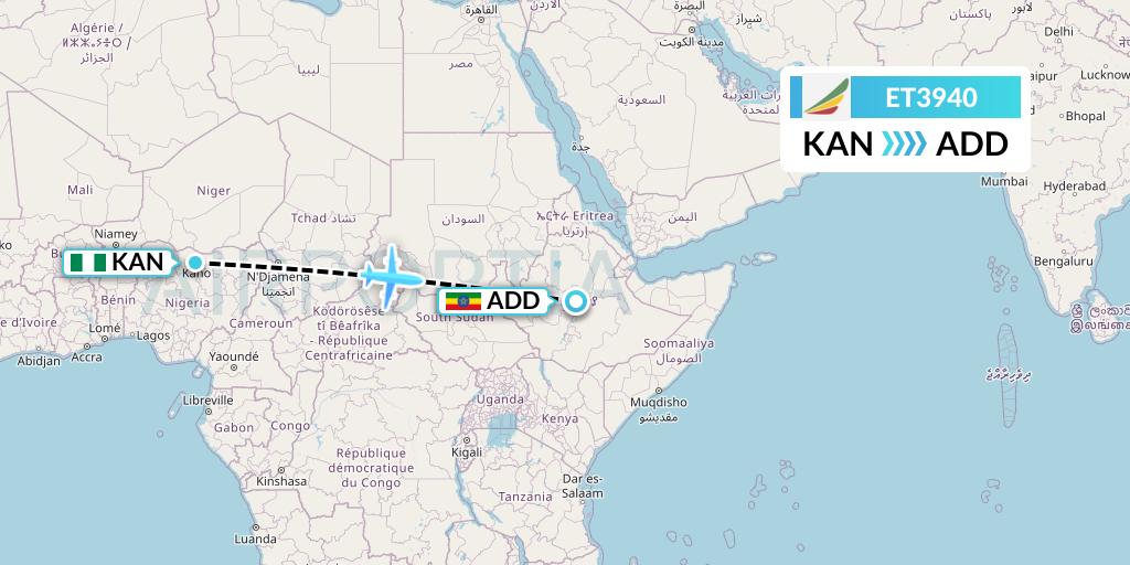 ET3940 Ethiopian Airlines Flight Map: Kano to Addis Ababa
